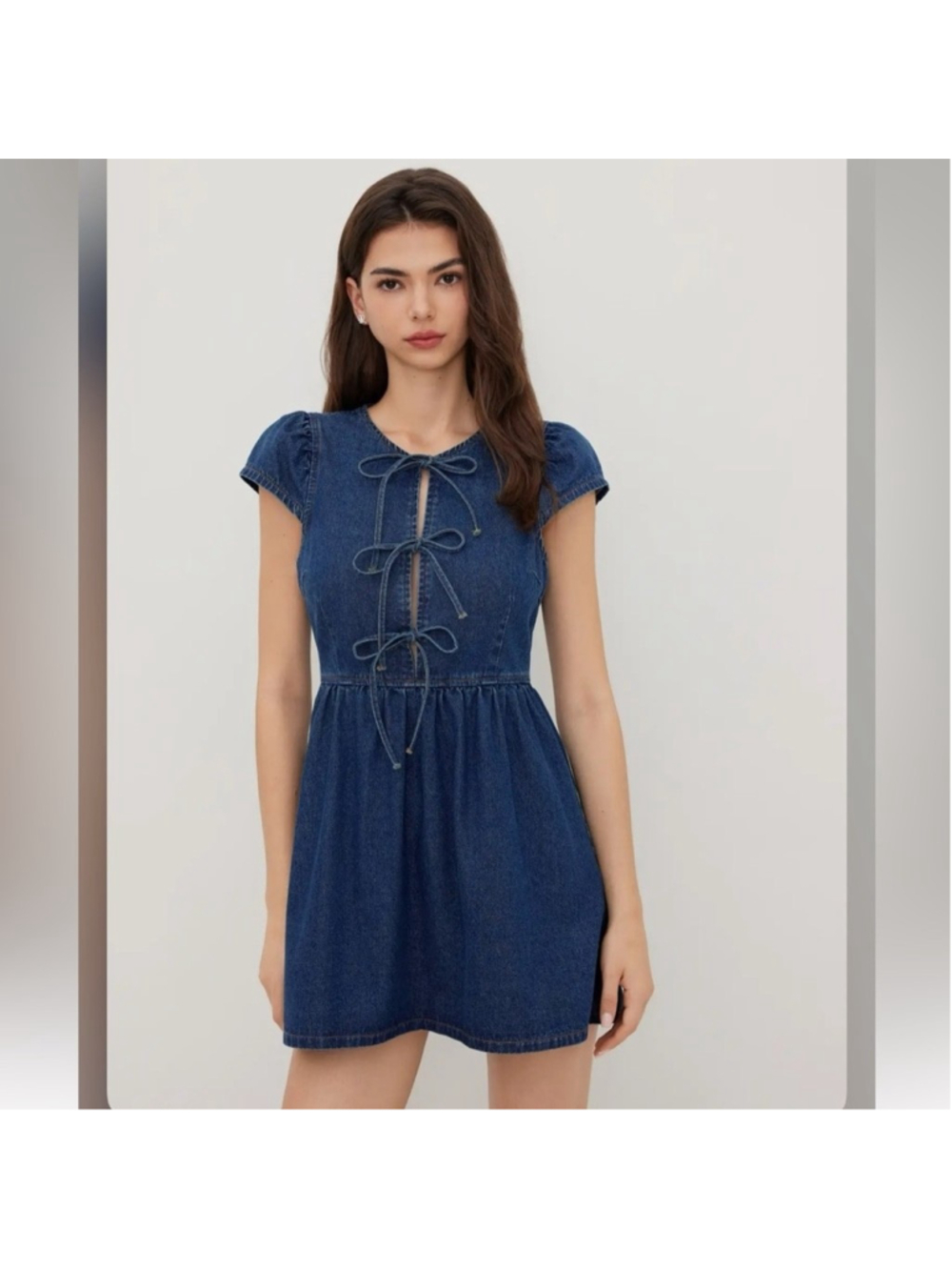 Cider DENIM CUT OUT TIE FRONT BOWKNOT MINI DRESS L 8-10